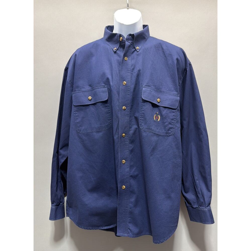Vintage 80s Bugle Boy Company Navy Blue Button Down Shirt Mens XXL Crest Logo